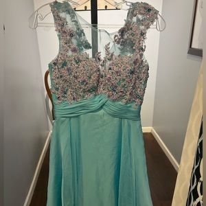New! Light aqua short formal dress lilac lace & beaded bodice with chiffon skirt